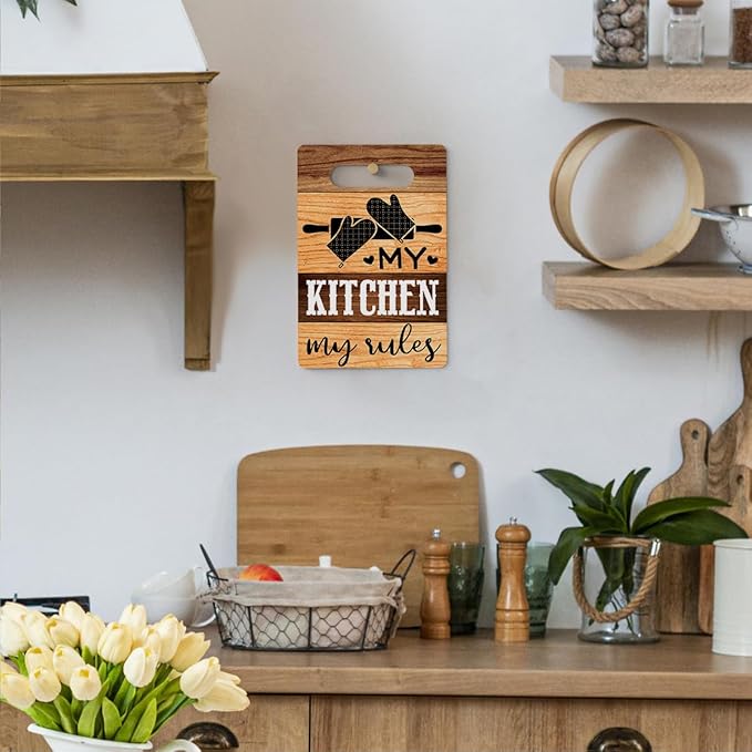 Farmhouse Kitchen Decor, Kitchen Signs Wall Decor, Wall Decor for Kitchen, My Kitchen My Rules Sign, Kitchen Decorations, Kitchen Door Wall Hanging Decor, Kitchen Gifts for Women 8 x 12 Inch