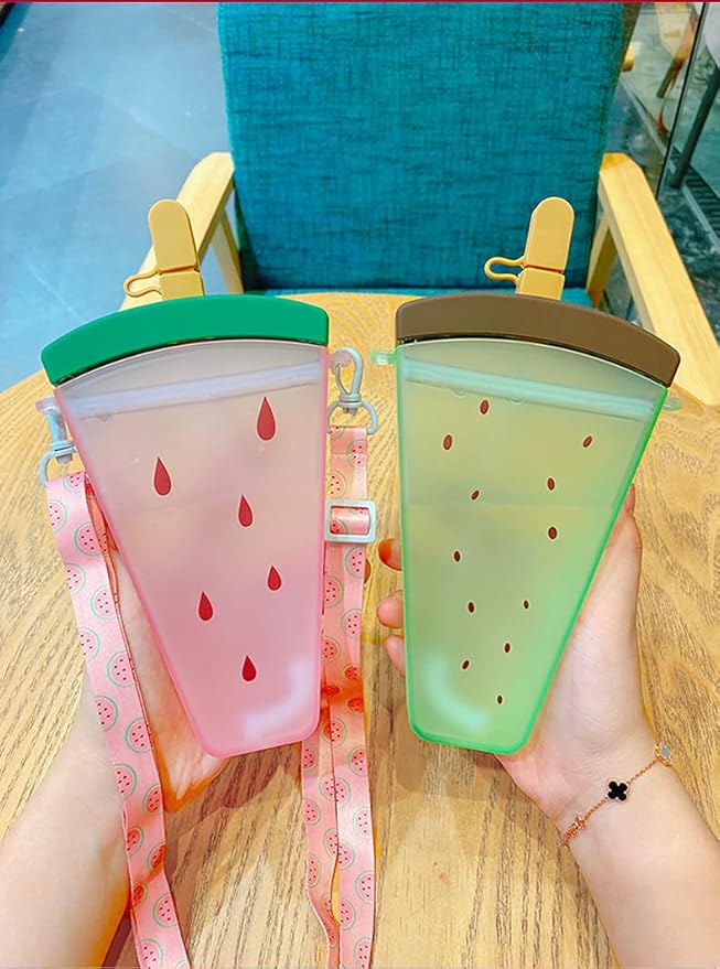 Travel Cup with Straw Birthday Party Gift Picnic Ice Water Bottle Travel Mug with Strap (Ice Cream Watermelon, 320 ml)