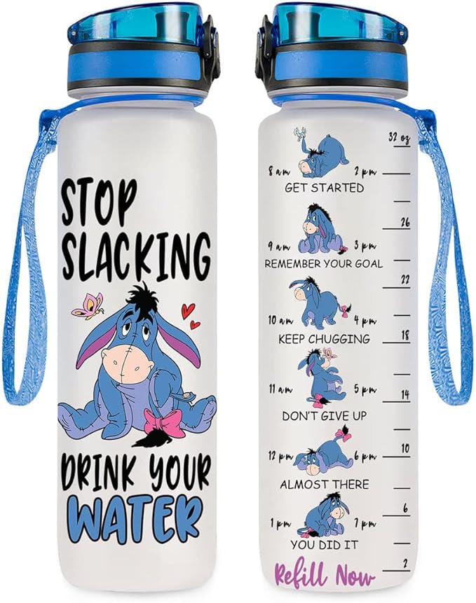 Stop Slacking Drink Your Water 32 Oz Water Track Bottle, Donkey Water Bottle With Time Marker, Movie Water Bottles, Motivational Insulated Water Bottle, Blue