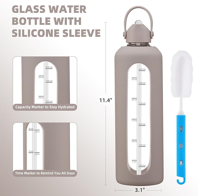 32 oz Glass Water Bottles with Straw Borosilicate Glass Water Bottle with Time Marker Motivational Water Bottles with Silicone Sleeve Leak Proof Reusable BPA Free