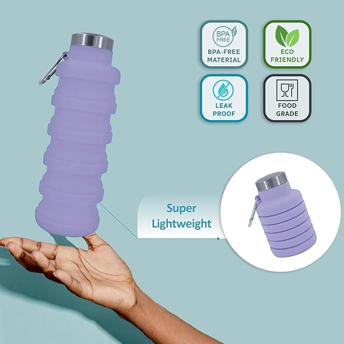 Collapsible Water Bottles 17oz, Odorless BPA-Free Silicone, Leak-Proof Foldable Reusable Bottle - Perfect for Travel Sports Gym Hiking Camping Cycling - Lavender