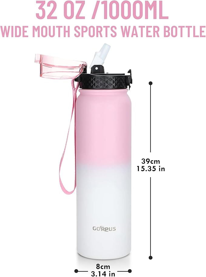 GOPPUS 32 oz Sports Water Bottle 1 Liter Double Wall Insulated Stainless Steel Water Bottles with Straw Lid Reusable Leak proof Metal water bottles with Strap Handle(Pink White 1 lid)