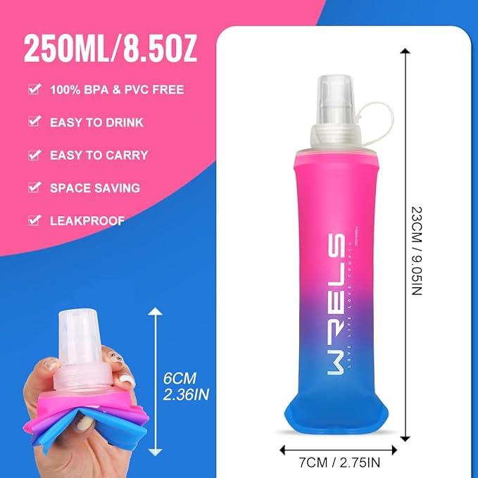 Collapsible TPU Soft Flask,Reusable Handheld Soft Water Bottle for Hydration Pack,BPA Free Gradient Folding Water Flask for Running Cycling Climbing (Rose Red&Dark Blue-250ml*2)