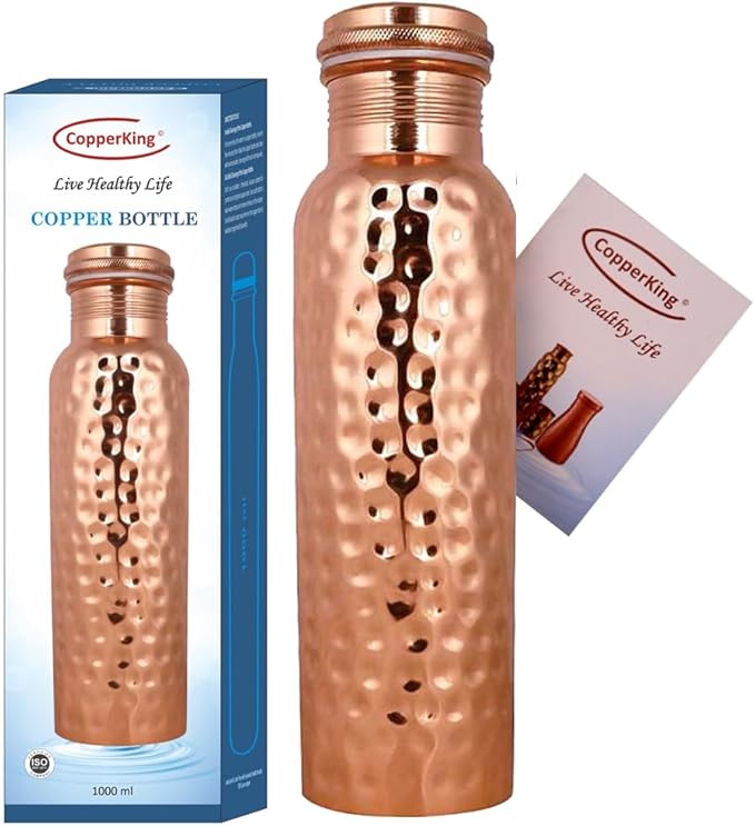 CopperKing Hammered Infused Ayurvedic Pure Copper Water Bottle for Drinking 34oz - 1 Liter | Best Use for Gym, Office, School - Collage, Yoga, Sports Mens and Women