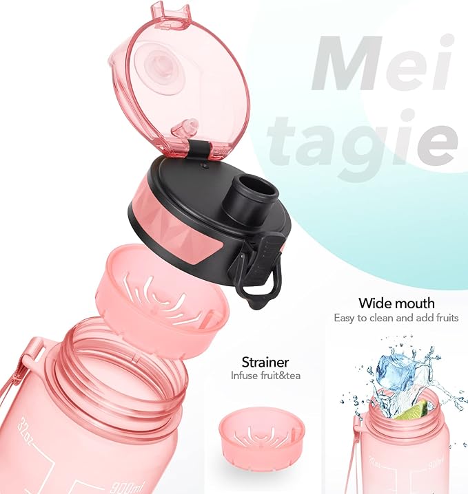 32oz/26oz Motivational Water Bottle with Time Marker & Fruit Strainer, Leak-proof BPA Free Non-Toxic 1l Bottle with Carrying Strap, Perfect for Fitness, Gym and Outdoor Sports Plastic