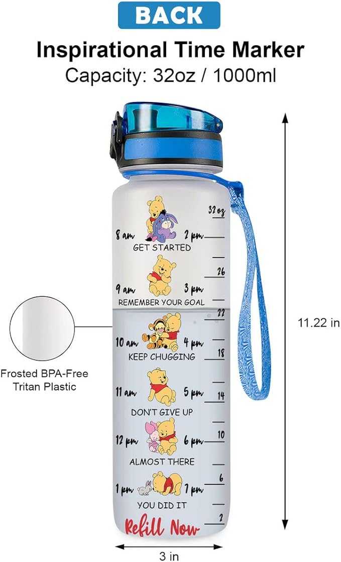 Winnie Pooh 32 Oz Water Track Bottle, Stop Slacking Drink Your Water Water Bottle With Time Marker, Pooh Bear Motivational Insulated Water Bottle, Gifts For Family Friend