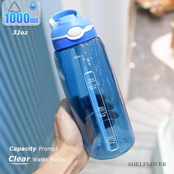 SHELFLOVER Light Blue Water Bottle With Narrow Straw, BPA FREE Clear Bottles With Handle One Hand Use Easy Carried, Flip Up, Suit School, Office, Gym, Office, 32oz (1000ml), SLWB32OZP