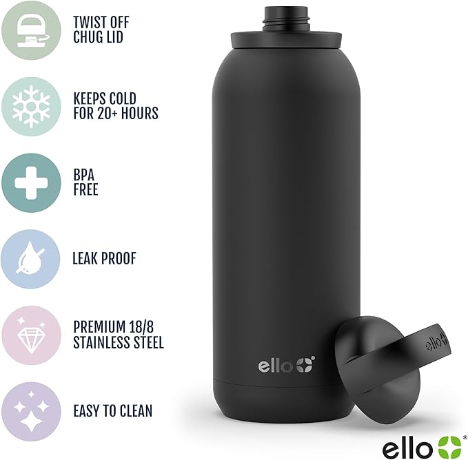 Ello Cooper Twist 40oz Stainless Steel Water Bottle with Chug Lid | Leak Proof | Double Walled and Vacuum Insulated | Built in Carry Loop | Dishwasher Safe | White Marble