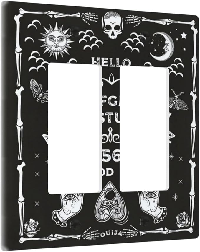 Black Witchy Skeleton Skull Gothic Sun Moon 2 Gang Rocker Decora Novelty Light Switch Covers Decorative Unique Dual Outlet Covers Wall Plate Electrical Faceplate Switchplate GFCI