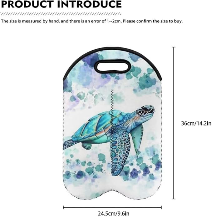 doginthehole Sea Turtle Wine Carrier Tote Bag 2 Bottle Insulated Neoprene Wine/Water Bottle Holder for Travel with Handle, Aqua Animal Print Wine Bags Bottle Protective Carriers Beer Bottle Sleeve