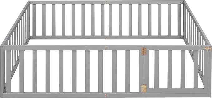 Full Size Floor Bed with Fence, Solid Wood Floor BedFrame for Kids with Door, Twin Platform Bed for Boys and Girls Kids Teens, Fun Design, for Children Bedroom