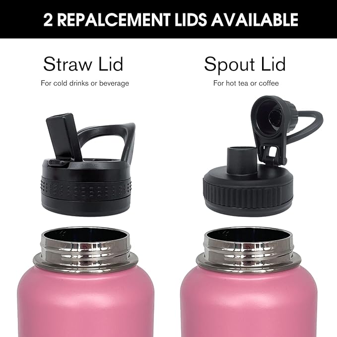 4pack 32 oz Insulated Water Bottle With Straw, Stainless Steel Sports Water Cup Flask with 2 Lids, Wide Mouth Travel Thermal Mug,Pink