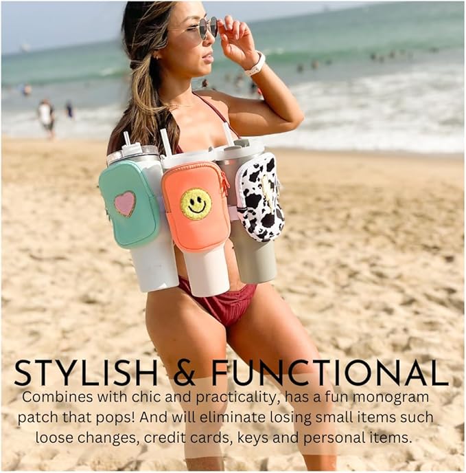 Water Bottle Pouch For Tumblers, Gym Accessories, Unisex | Compatible w/ 20-48oz Tumblers Including Stanley Quencher | Holds Phone, Wallet, Keys, Cards, & More (Neon Orange/Smile Face)