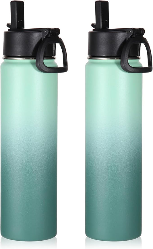 Volhoply 24oz Insulated Water Bottle With Straw Bulk 2 Pack,Metal Wide Mouth Water Bottles With Handle Lid Keep Cold,Reusable Double Wall Thermos,Powder Coated Sport Bottle For Holder(Mojito,2 Count)