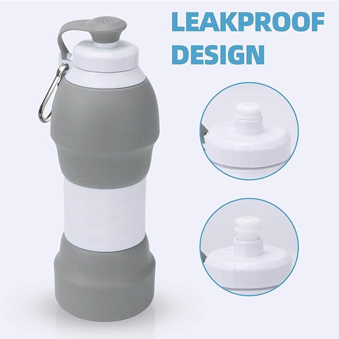 Collapsible Water Bottle, 19.6oz Leakproof Foldable BPA Free Silicone Reusable Sports Bottle, Portable Refillable Bottles with Carabiner, Ideal for Travel Hiking Outdoor Camping Gym (Gray)