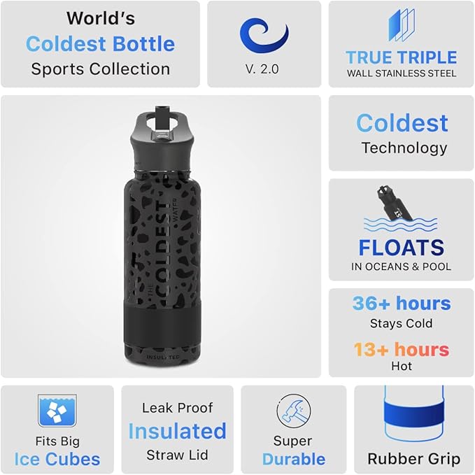 Coldest Sports Water Bottle with Straw Lid Vacuum Insulated Stainless Steel Metal Thermos Bottles Reusable Leak Proof Flask for Sports Gym(32 oz, Black Leopard)