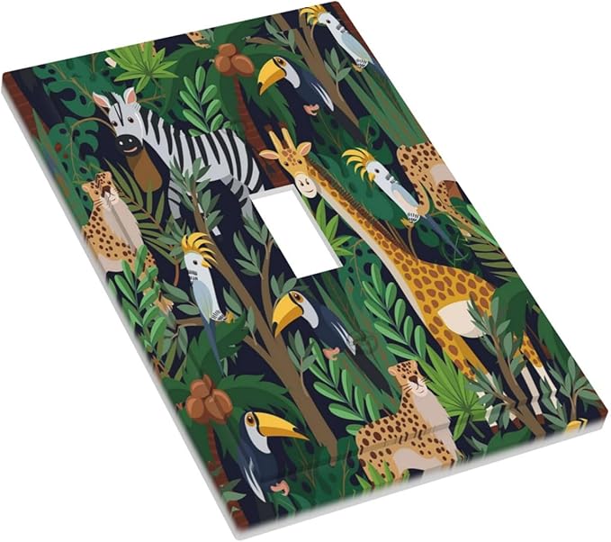 Cartoon Animal Zebra Leopard Giraffe Bird Leaf 1 Gang Nursery Light Switch Covers Decorative Single Toggle Wall Plate Switchcover Electrical Switchplate for Kidroom Bedroom Decor