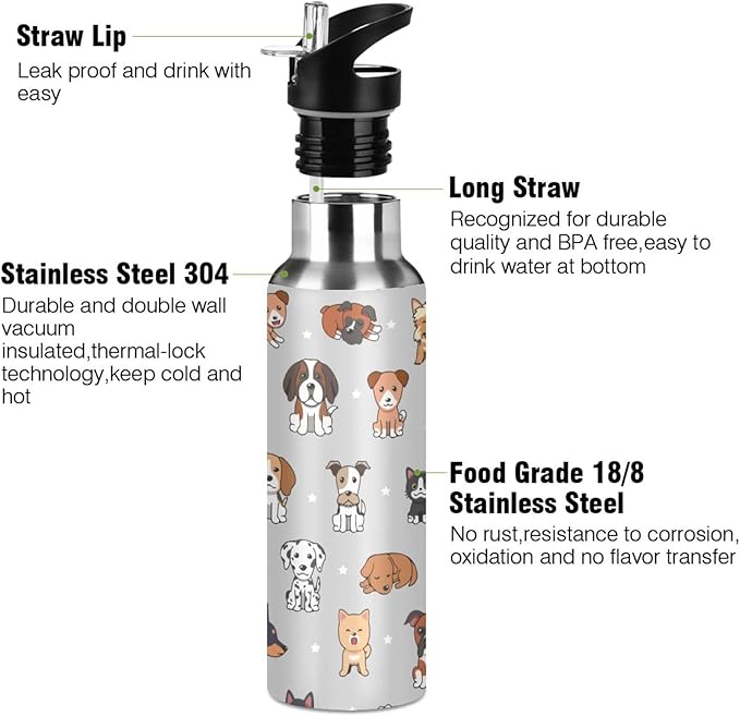 cute dog Stainless Steel Water Bottle with Straw Lid - 20 Oz Sports Insulated Water Bottle Thermos for Sport Gym Outdoor Travel School (DZ004)