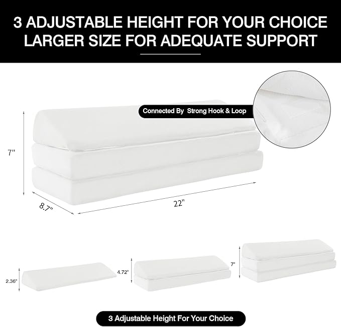 BALAPET 3-in-1 Adjustable Height Wedge Pillow, 7" Height Leg Knee Pillow for Side Sleepers & Aligns Spine, Supportive Bolster Pillow for Pregnancy Relieves Pressure Hip Leg Elevation, 22", White