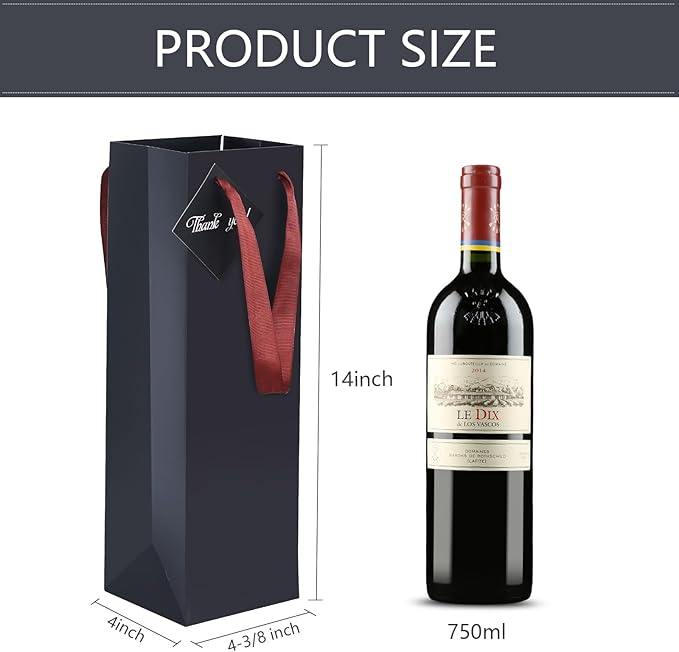 Wine Bags, 6 Packs, Strong Card Paper Wine Gift Bag with Ribbon Handles and Thank You Card, 4-3/8x 4 x 14" Fit 750ml Wine Bottle or Champagnes - Black 6