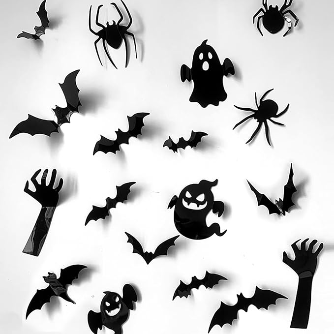 Halloween Window Clings Stickers Decoration 3D Stereoscopic Black Bat Spider Ghost Design Halloween Window Cling Decal Festival Decor Halloween Window Stickers for Kids Party Supplies Glass Decor