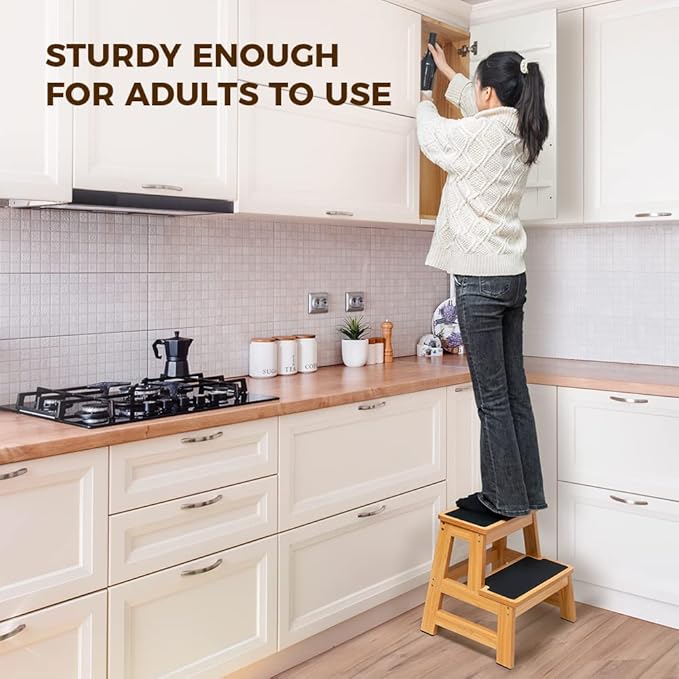 StrongTek 17 Inch Tall Wooden Two Step Stool for Adults & Kids, Versatile as Kitchen Step Stool, Bedside Step Stool, Closet Step Stool, Anti-Slip Surface for Safety & Stability, 500lbs Capacity