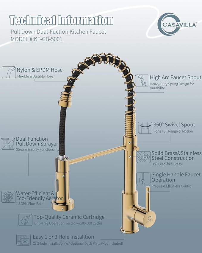 Kitchen Faucet, KF-GB-5001, Brushed Gold, Solid Brass, Single Handle, RV Sink Faucet with Pull Down Sprayer