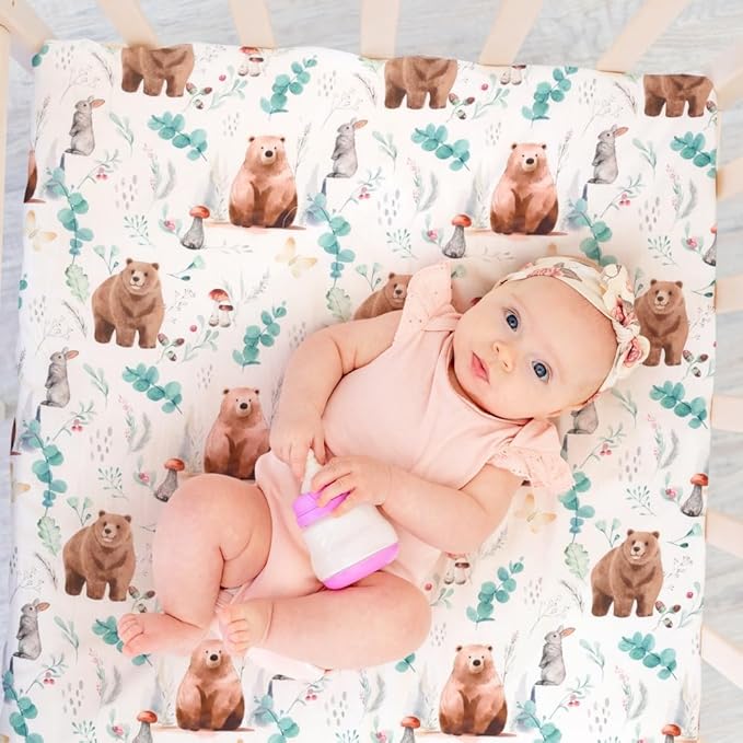 4 Pack Woodland Forest Animals Wood Neutral Unisex Fitted Baby Crib Sheets Set for Baby Boys or Girls (Cartoon Beer, 52 * 28)