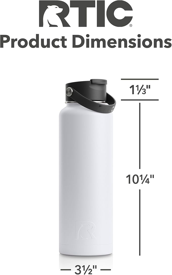 RTIC 40oz Vacuum Insulated Water Bottle, Metal, Stainless Steel, BPA Free, Reusable, Sweat-Proof Flask for Hot and Cold Drinks, Travel, Sports, Camping, White
