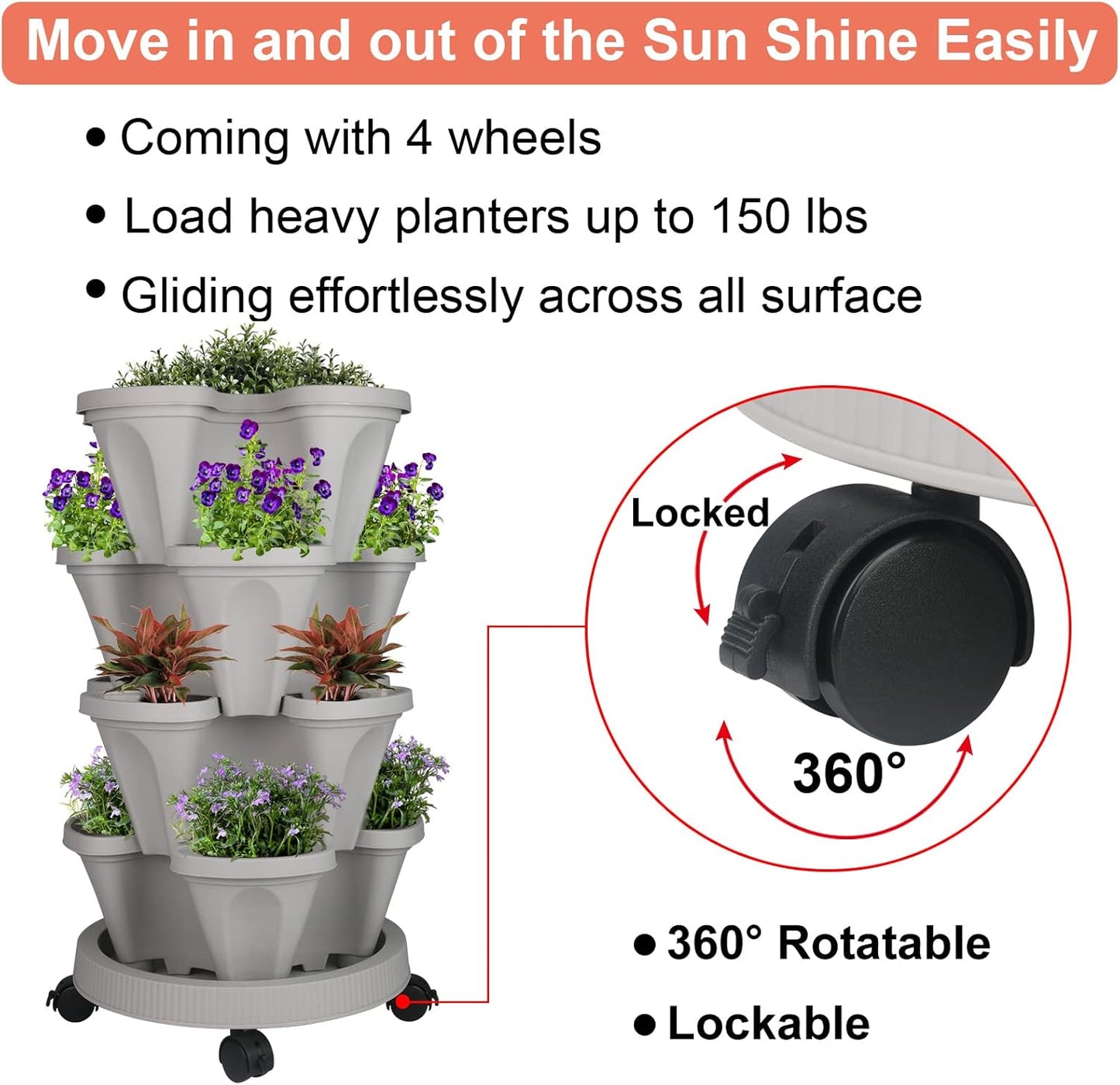 Vertical Planter 4 Tier Stackable Planters Garden Planters Strawberry Herb Flower and Vegetable Planter Indoor Outdoor Gardening Pots with Removable Wheels and Tools 2-Pack