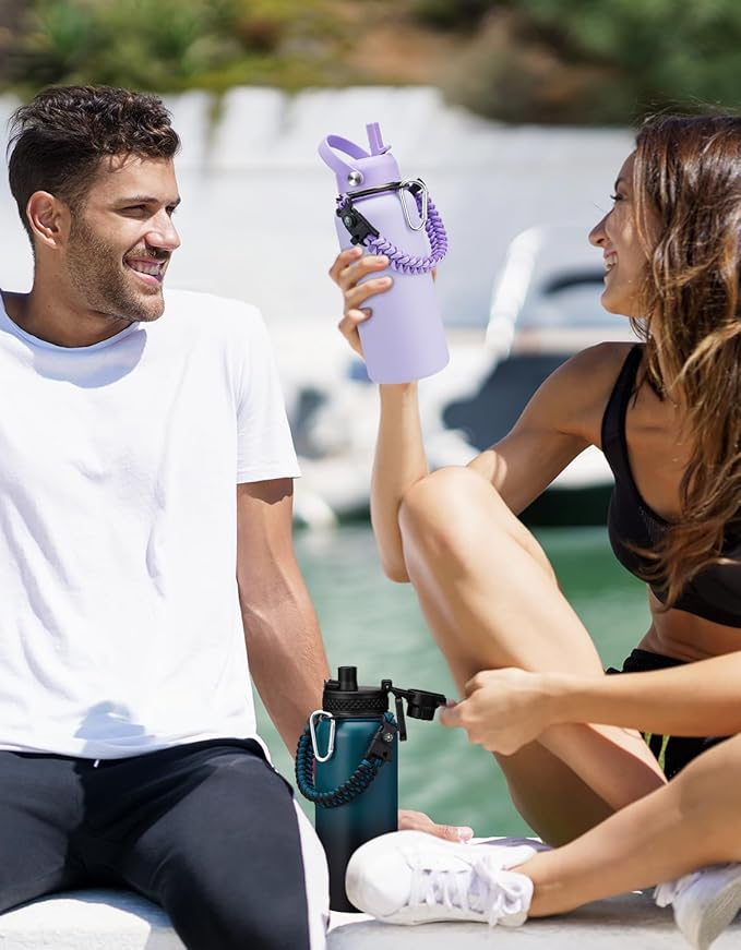 32 oz Water Bottles Insulated Flask - Stainless Steel Metal Hydro Jug Keep Cold-48h & Hot-24h, Triple-Wall Thermal Fitness Sports Water Bottle with Paracord Handle, Straw & Spout Lids, Bottle Sleeve