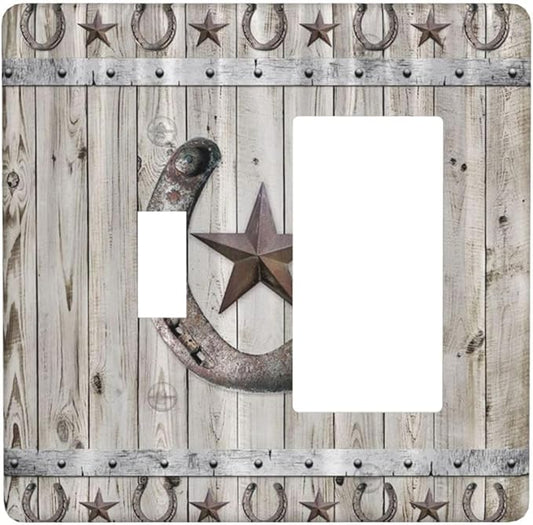 Rustic Western Wood Barn Door Horseshoe Iron Star 2 Gang Single Toggle Rocker Combination Light Switch Covers Wall Plate Cover Electrical Faceplate Decorative Switchplate for Farmhouse Bedroom
