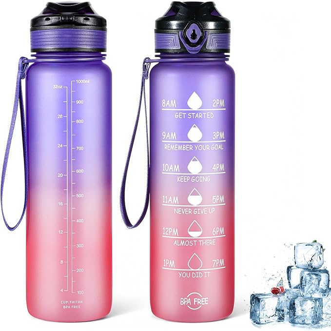 Water Bottle 32 oz, Motivational Sports Water Bottles Tritan BPA Free Water Bottle No Straw With Time Marker, Wide Mouth Leakproof Water Bottle with Strap for Gym Fitness Hiking Bike Camping - Purple