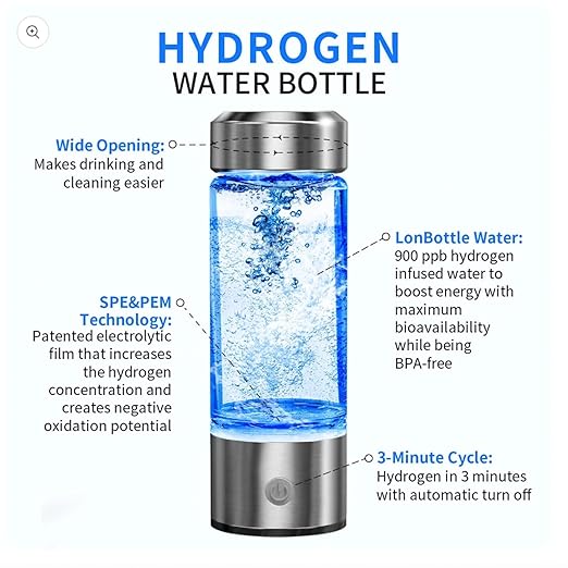 Hydrogen Water Bottle, Hydrogen Rich Water Generator, Rechargeable Portable Glass Hydrogen ，3Min Quick Electrolysis, for Daily Office Home Travel and Fitness Drinking