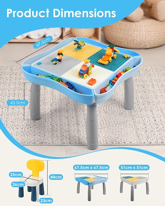 Kids Activity Table and Chair Set with 320Pcs Building Blocks, All in One Sand/Water/Sensory Desk with Storage, STEM Toys Toddler Learning Playset Table for Boys Girls Gifts 3 4 5-10 Years Old