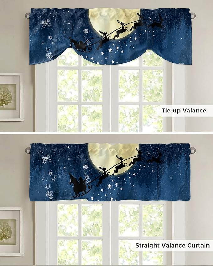 Christmas Blackout Tie Up Valance Curtains for Kitchen Windows Santa Claus Reindeer Window Toppers Balloon Shades for Living Room/Bathroom/Bedroom,1 Panel,54" X 18" Blue Snowy Night