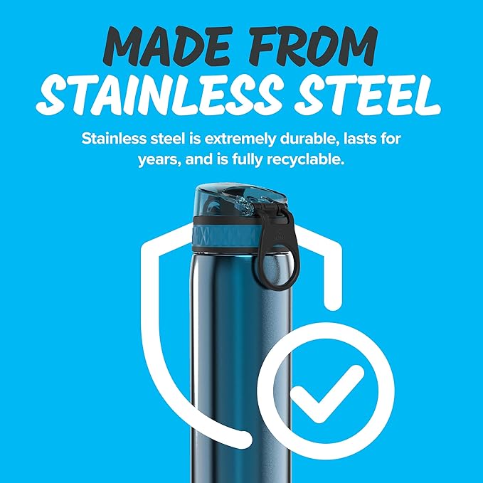 Ion8 Steel Water Bottle, 600 ml/20 oz, Leak Proof, Easy to Open, Secure Lock, Dishwasher Safe, Hygienic Flip Cover, Fits Cup Holders, Carry Handle, Durable, Carbon Neutral, Metallic Blue