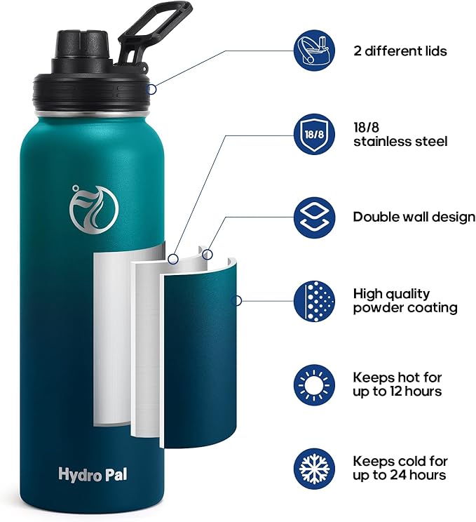 Insulated Water Bottles 40 oz with 2 Leak Proof Lids & Water Bottle Holder, Wide Mouth Sport Water Bottle with Straw, Reusable Stainless Steel Water Flask, Double Walled Vacuum Thermos