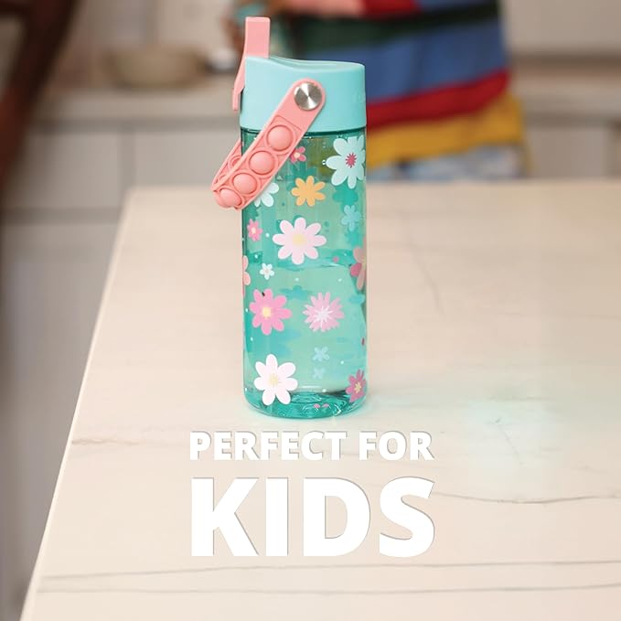 Elemental Leak Proof Water Bottles for Kids - Splash Kids Water Bottle for School with Fun Fidget Pop-it Handle - Tritan Plastic Water Bottle with Straw - Stylish Cat & Spring Blossom - 18oz (2 Pack)