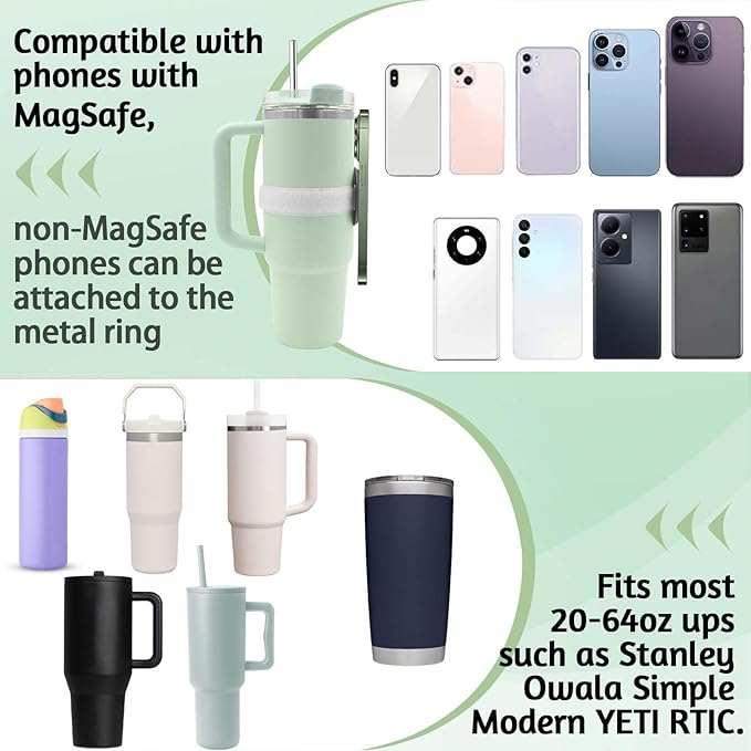 Watter Bottle with Magsafe Phone Holder, Magnetic Holder Adjustable Strap Compatible with Stanley Tumbler Cup Owala 32oz for iPhone Android Devices 2x Metal Iron Ring (White)