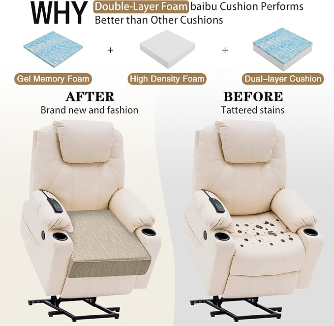 baibu Extra Large 20"x20"x5" Dual-Layer Memory Foam Chair Seat Cushion for Recliner, Couch, Armchair with Textured Washable Cover, Non-Slip Base for Tailbone Pain & Pressure Relief, Beige