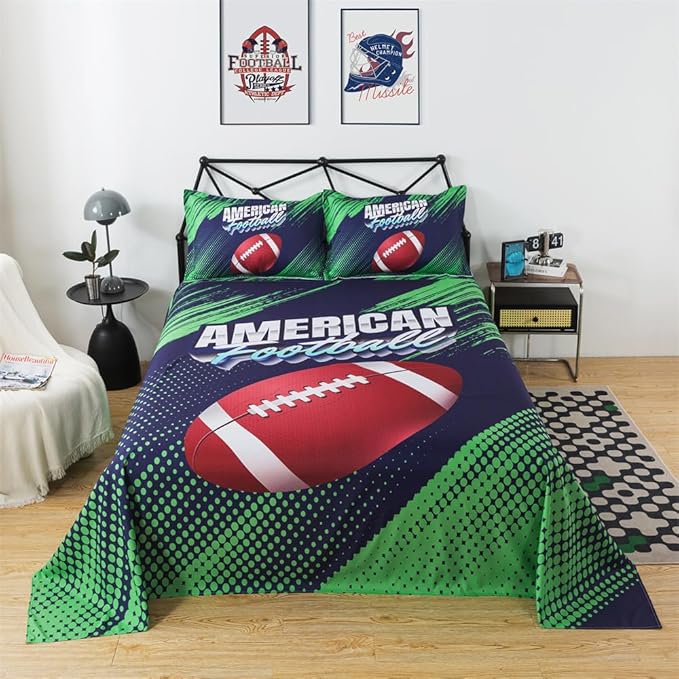 qjmiaofang Football Queen Sheet Set 4Pieces Sports Sheets for Kids Boys American Football Fitted Sheet Rugby Football Bed Sheets Sport Theme Bedding Set 1 Flat Sheet 1 Fitted Sheet 2 Pillowcases