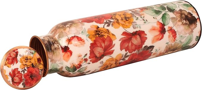 Pure Copper Water Bottle - Handcrafted - Ayurveda health benefits - Large 35 oz - Leak proof - Easy to carry for Sports, Fitness, Yoga, School - White Base Floral Vintage Colors Enamel