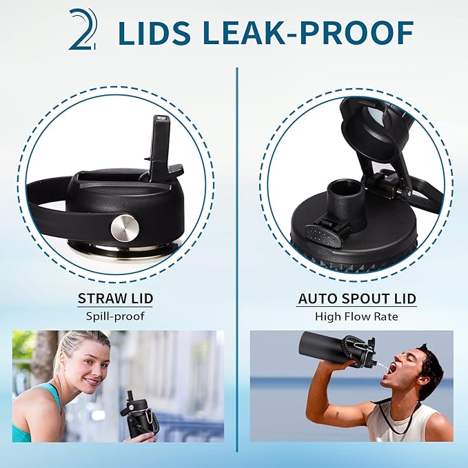 40 oz Water Bottles Insulated - Wide Mouth Stainless Steel Water Bottle with Straw, Spout Lid, Paracord Handle, Carrier Bag, Protective Boot, Metal Water Jug Keep Cold 48H Hot 24H, Hydro Mug Flask