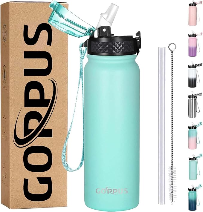 GOPPUS 20 oz Kids Water Bottle with Straw Wide Mouth Lid Leak Proof Double Walled Insulated Stainless Steel Water Bottles with Strap Handle Cup Stickers for Boys Girls School (Green 1 Lid)