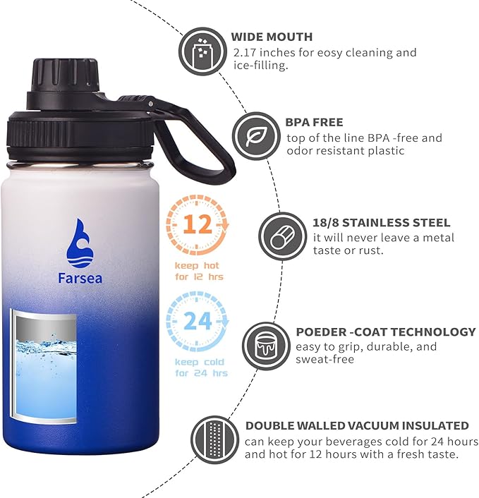 Farsea Insulated Water Bottle With Paracord Handle, Protective Silicone Boot and 2 Lids (Straw Lid & Spout Lid), Stainless Steel Water Bottle Wide Mouth, Double Wall Sweat-Proof BPA-Free,12 oz