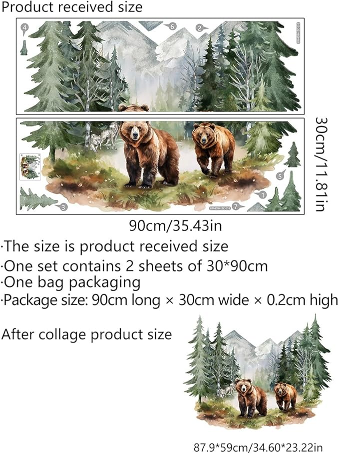 Vibrant Watercolor Bear Forest Wall Decals - Set of 2 Large Sheets (30x90cm) - Perfect for Nursery, Kids Room Decor - Easy Peel & Stick Removable Art