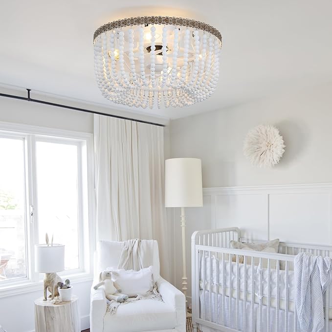 Boho Wood Beads Ceiling Fan with Light & Remote, 18" Coastal Fandelier Ceiling Fan with Light,Flush Mount Caged Ceiling Fan with 6 Speeds, Bohemian Fandelier Chandelier Fan for Bedroom/Kitchen/Nursery