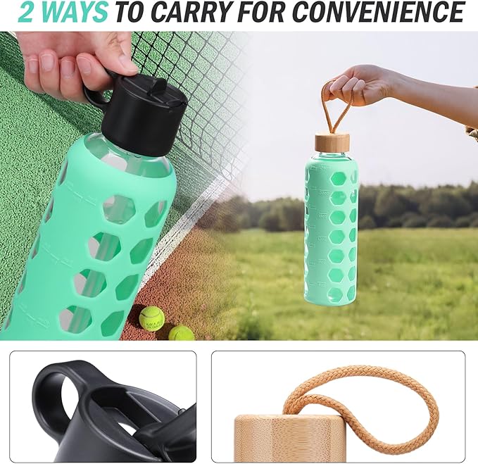 MUKOKO Glass Water Bottles, 32oz Glass Tumbler, Drinking Bottles with 2 Lids-Handle Flip Straw Lid&Bamboo Lid, Motivational Water Bottle with Time Marker and Silicone Sleeve, Leakproof-1 Pack-Green