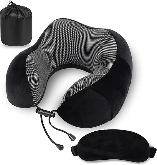 Pure Memory Foam Travel Pillow Set for Adults - Comfortable & Breathable Removable Cover, Airplane Travel Kit with Eye Mask & Portable Storage Bags for Plane Accessories - Black